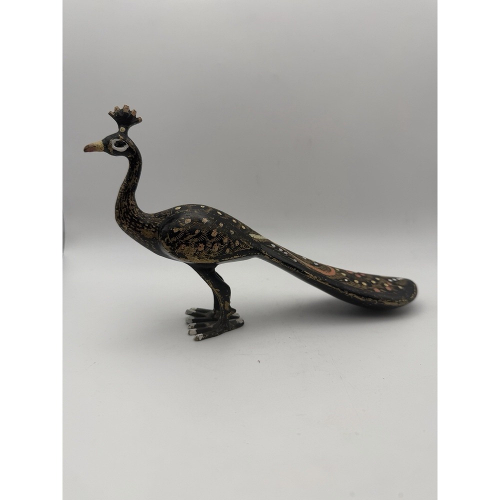 Vintage Brass Peacock Figurine Etched Painted Folk Art Bird Sculpture Decor